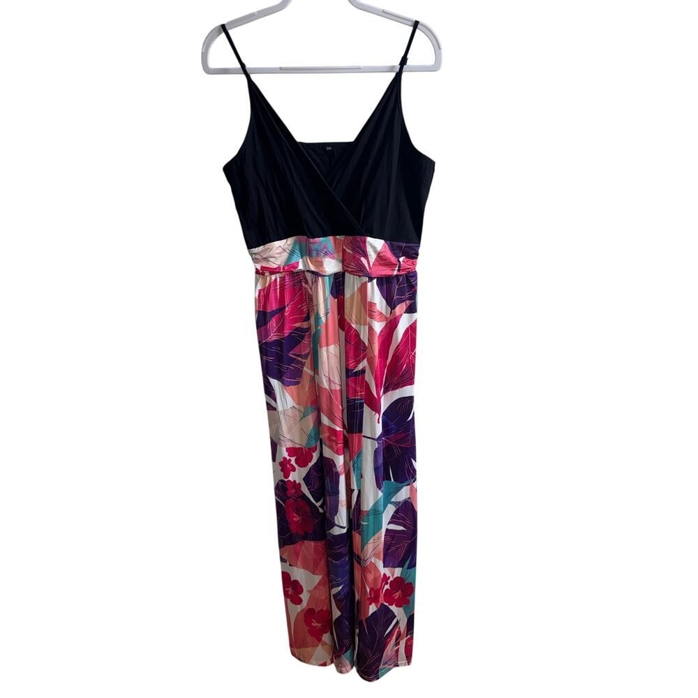 Tropical Floral Maxi Dress XXL Black Pink Purple Faux Wrap V-Neck Sleeveless